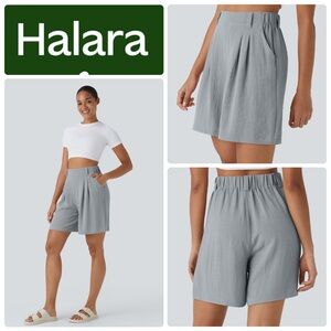 HALARA Blue High Waisted Pocket Wide Leg Casual Linen-Feel Bermuda Shorts